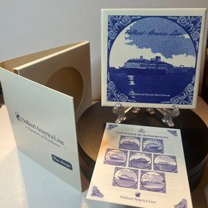 Vintage Blue Delft Tile Holland - America Line Eurodam & Nieuw Amsterdam w/COA